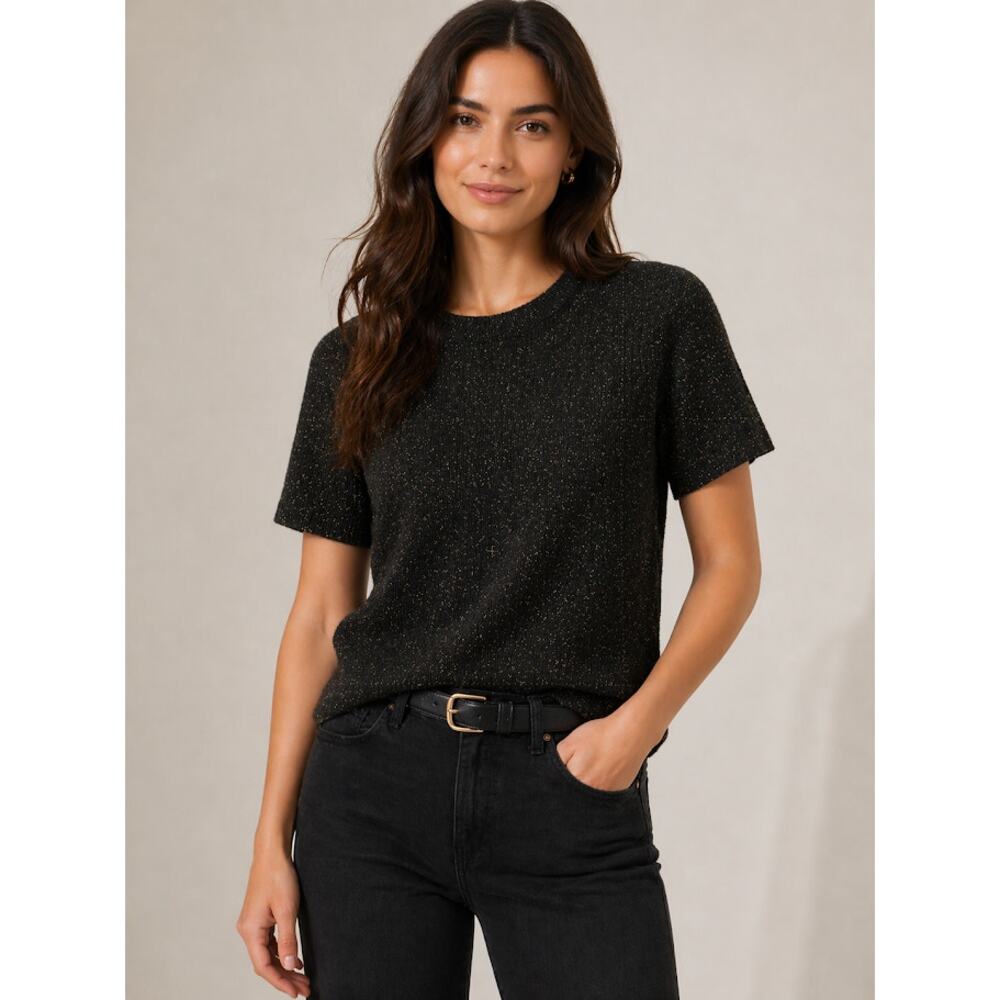 Women's VTG Short Sleeve Sweater Gold Speckled Black Knit Top Romantic Medium